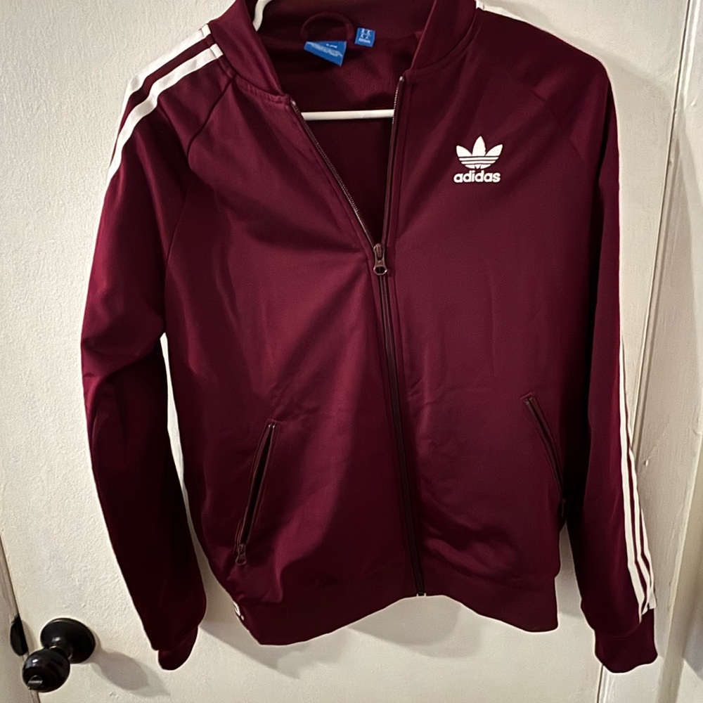 adidas Originals Track Jacket Women’s Small Burgundy 3-Stripes Trefoil Zip - Picture 3 of 7